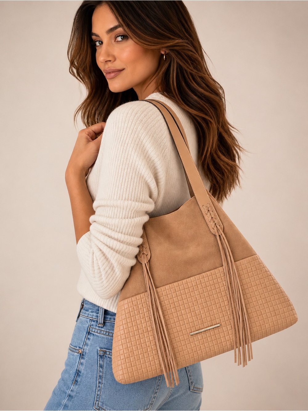 NWT Elaine Turner Elegant Two Tone Tan Suede & Leather Quilted Boho Bag